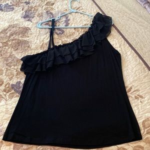 Black knit top, one shoulder